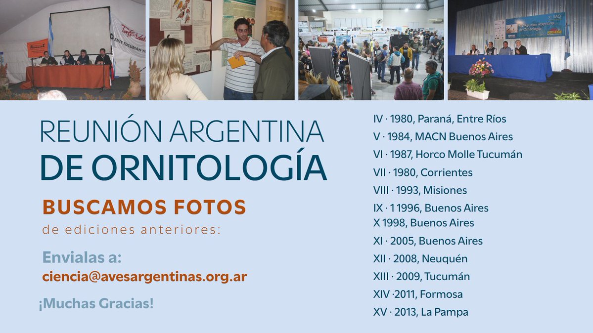 Departamento Científico · Aves Argentinas (@cienciaaves) on Twitter photo 📸✨ ¡Ayudanos a reconstruir la historia de la #RAO!
En 2026 se cumplen 50 años de las Reuniones Argentinas de Ornitología 🎉🕊️ y queremos celebrarlo con memoria!
📩 Envialas a ciencia@avesargentinas.org.ar
<a href="/AvesArgentinas/">Aves Argentinas</a> 📸✨ ¡Ayudanos a reconstruir la historia de la #RAO!
En 2026 se cumplen 50 años de las Reuniones Argentinas de Ornitología 🎉🕊️ y queremos celebrarlo con memoria!
📩 Envialas a ciencia@avesargentinas.org.ar
<a href="/AvesArgentinas/">Aves Argentinas</a>