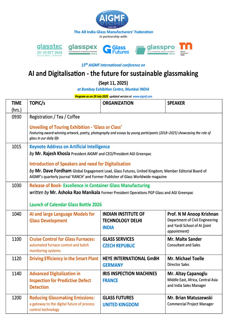 AI and Digitalization - The future for sustainable glassmaking

Programm list at the Bombay Exhibition Centre
#glassglobal #glass