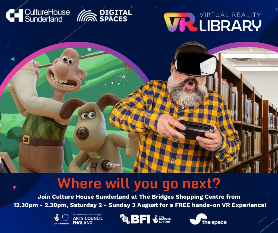 🙌 This weekend, we're taking the #DigitalSpaces VR Tour to <a href="/BridgesSund/">Bridges Sunderland</a>!

✨ Join us for some exciting FREE VR adventures! 

📅 Sat 2 &amp; Sun 3 Aug, 12.30pm - 2.30pm (find us outside HMV)

Supported by <a href="/ace_national/">Arts Council England</a>, <a href="/BFI/">BFI</a>, with National Lottery funding, and <a href="/thespacearts/">The Space</a>.