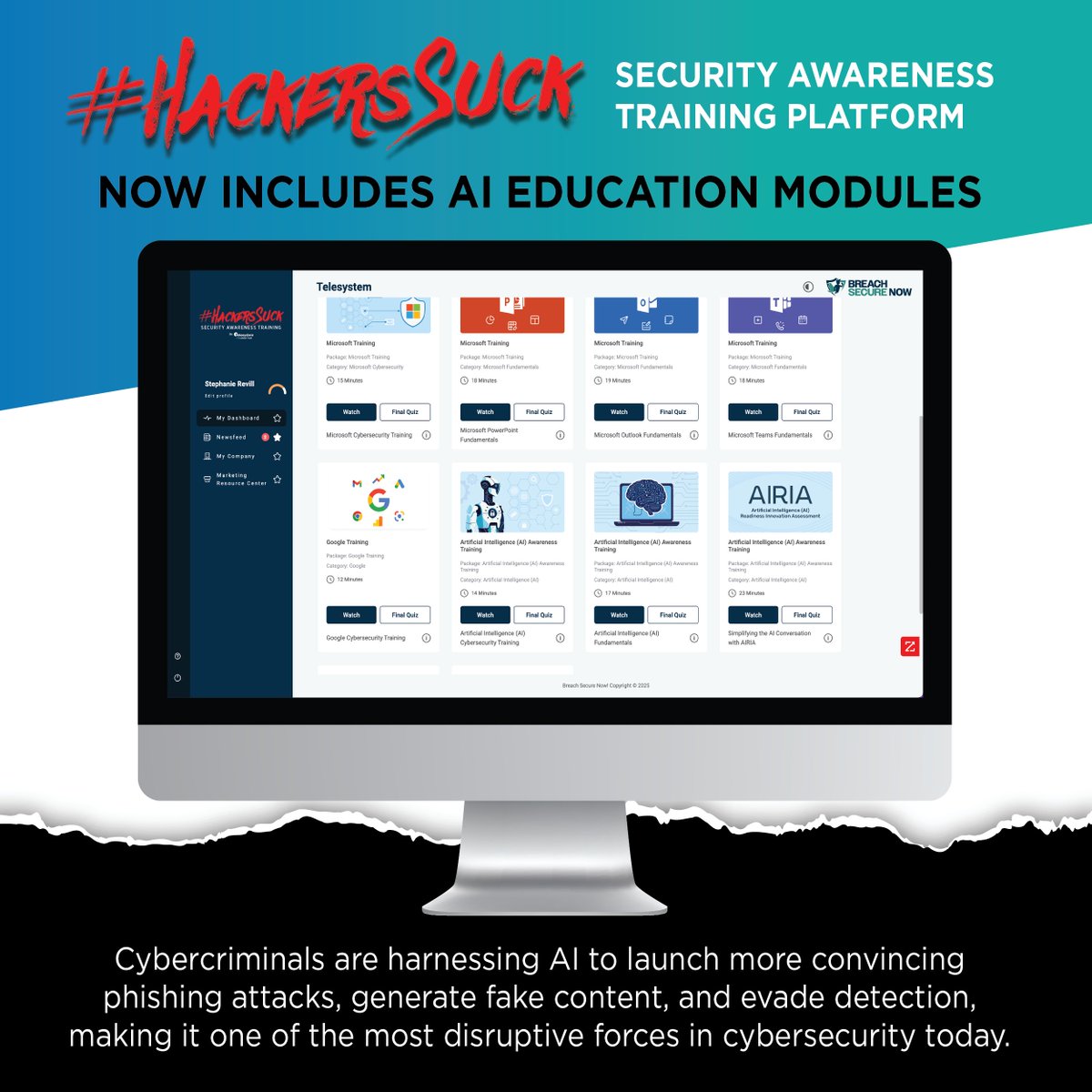 Telesystemus's tweet image. As technology evolves, so do the methods used to deceive, exploit, and attack. As a result, our Security Awarness Training solution has been expanded to include AI fundamental training modules.
 hubs.la/Q03yNrhQ0 

#CyberEducation #ITsAboutTrust #HackersSuck