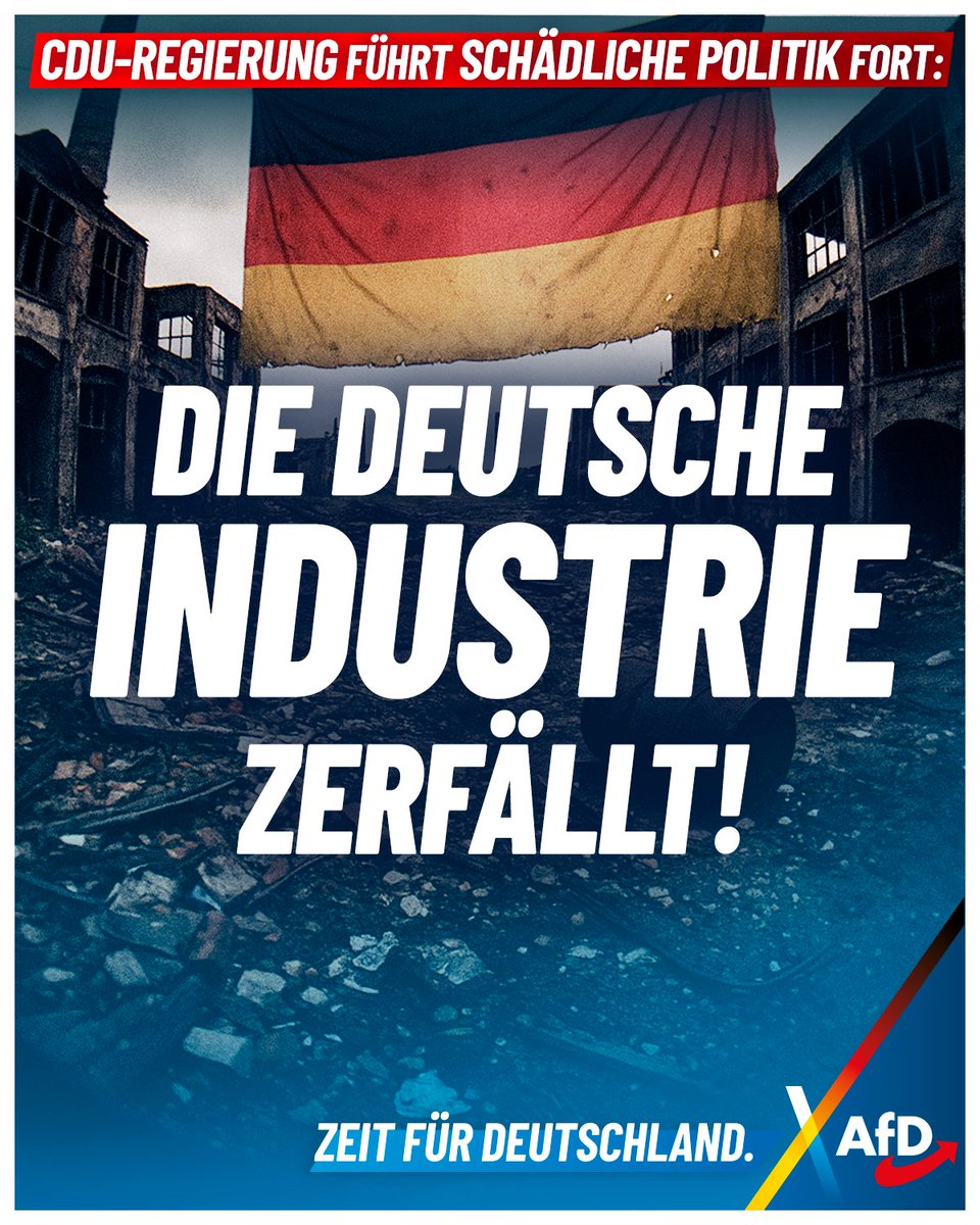 Gewinneinbrüche, Stellenabbau, Abwanderungspläne. Die CDU-Regierung fährt unsere Industrie vor die Wand! Die AfD fordert Technologieoffenheit, günstige Energie und gesunden Menschenverstand. Nur so werden wir wieder Exportnation Nr. 1.