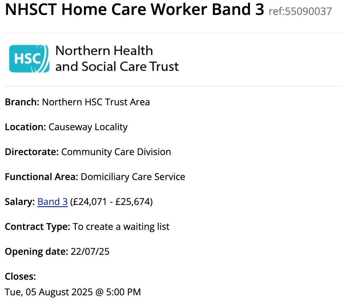 The description is not very specific but there are #Homecare Worker postions available in the #Glens (#Cushendun, #Cushendall, #Glenariffe) area.  

Please share  

Closing: Tue, 05 August 2025 5:00 PM  

Apply today orlo.uk/oBzHu
 
#homecarejob #teamNORTH