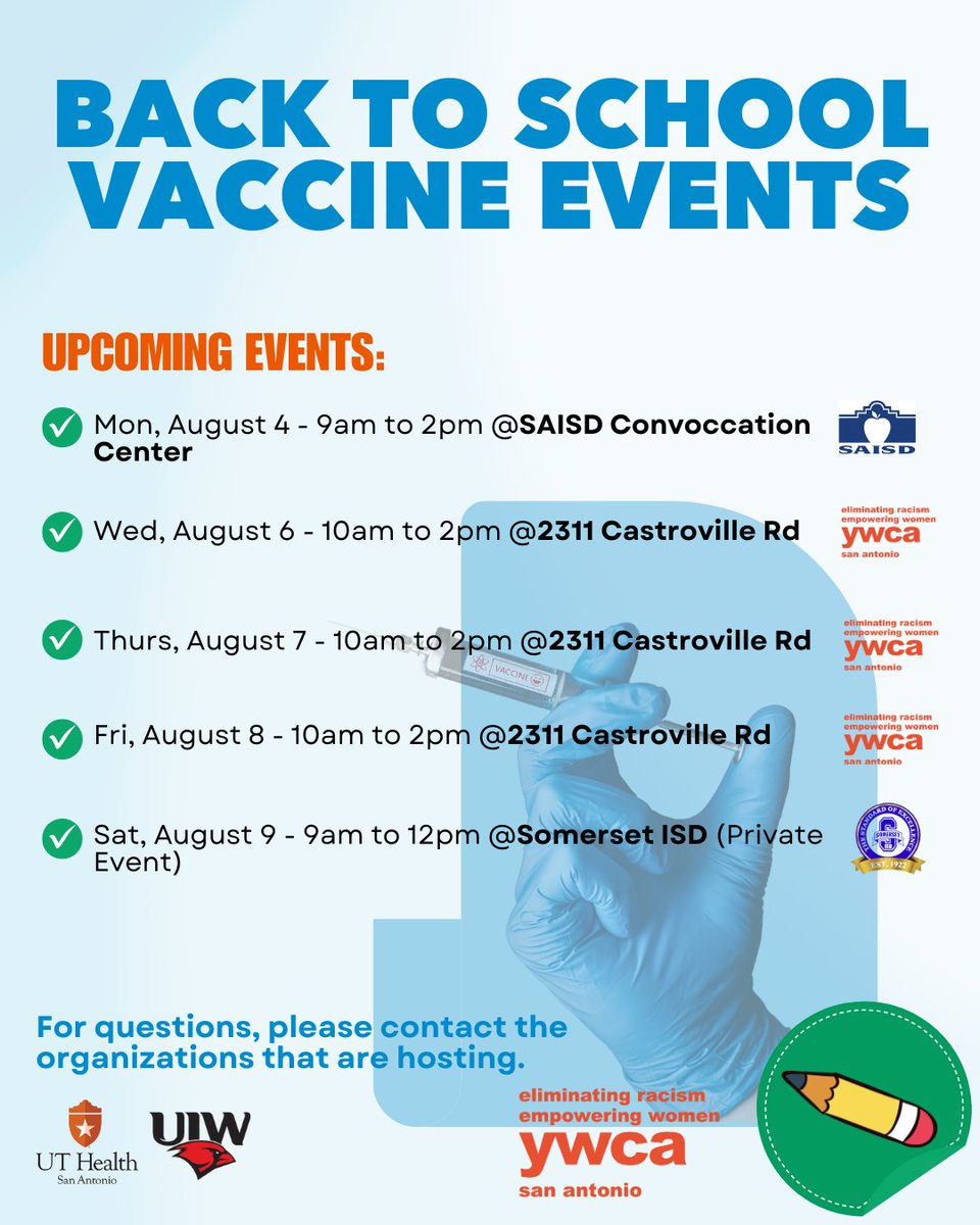 🎒✨ Another week, another chance to check school vaccines off your to-do list! Several back-to-school vaccine events are happening this week. Contact the hosting organizations directly with any questions, and remember to bring vaccine records if you have them.