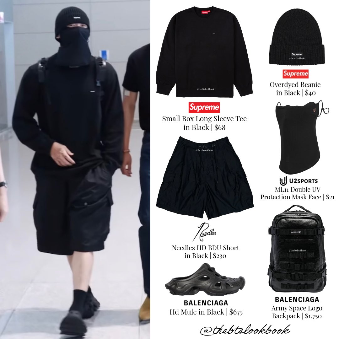 Jungkook wearing Supreme “Small Box Tee and Beanie”, Needles “HD