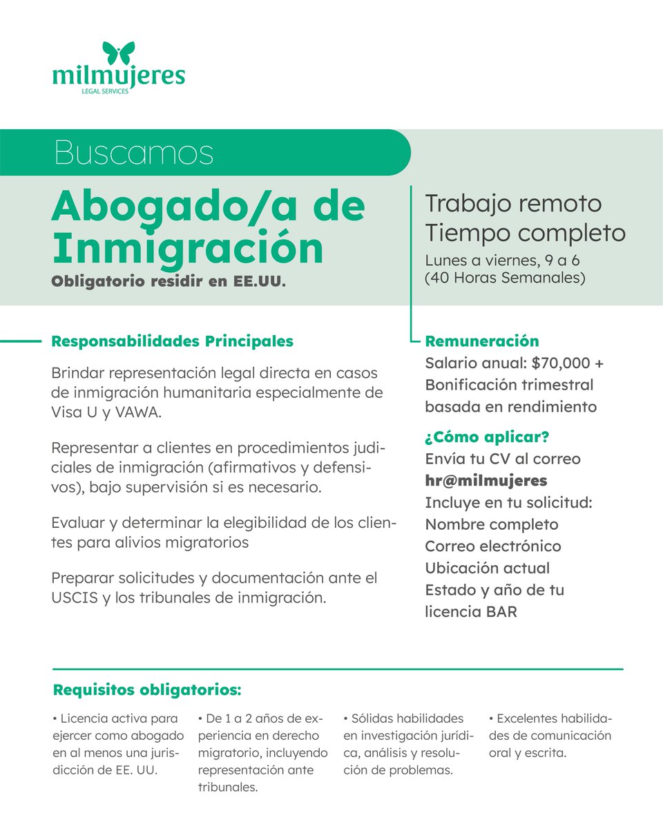 Buscamos un abogado/a de inmigración comprometido/a con la comunidad migrante. 
Esta es tu oportunidad de marcar la diferencia. 
Remoto | Jornada Completa. 
#USA #abogado #inmigrantes