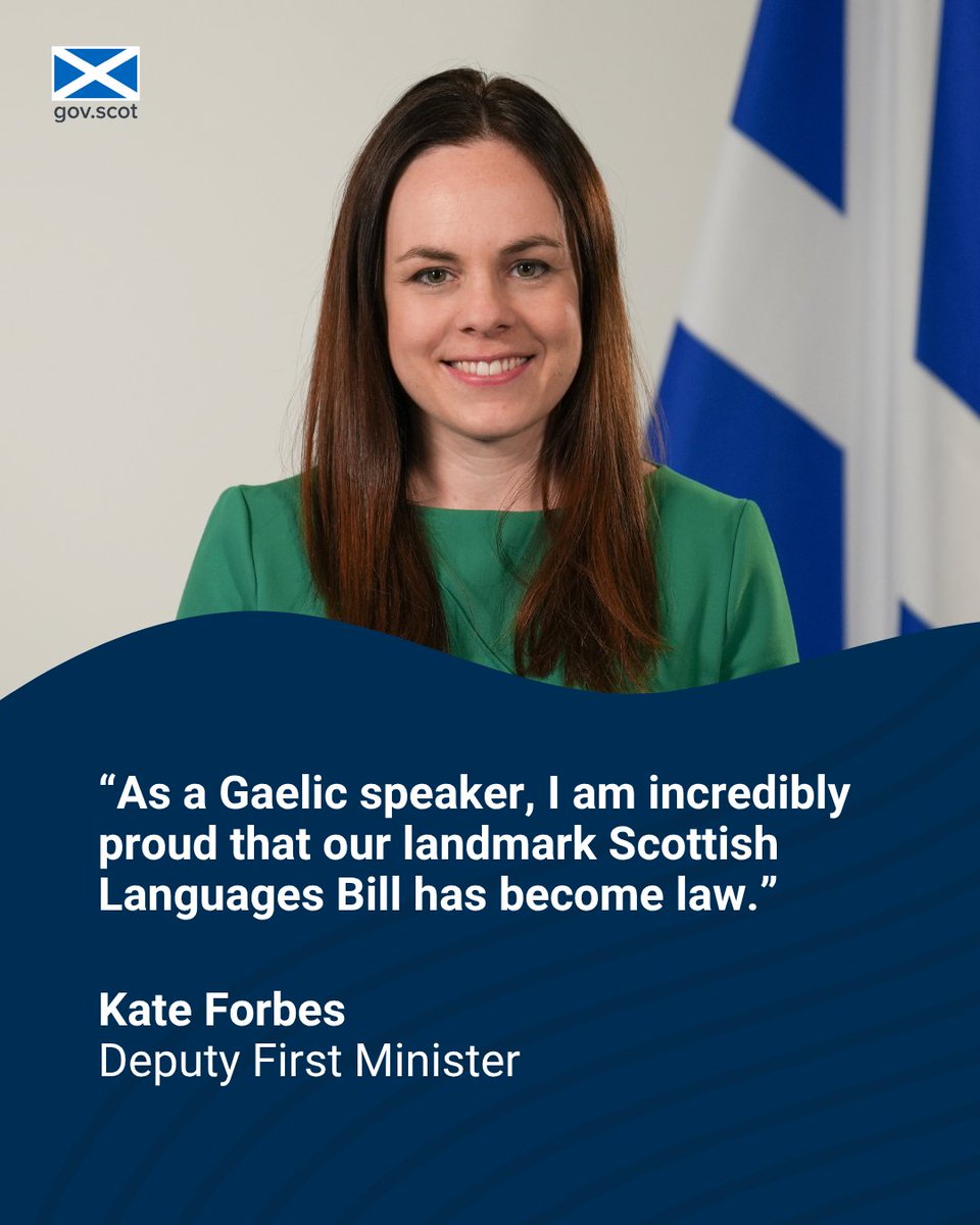 Deputy First Minister <a href="/_KateForbes/">Kate Forbes MSP</a> has welcomed news that the Scottish Languages Bill has become law. 

The Act will enable parents to ask for a Gaelic school to be established in their area. It also establishes Gaelic and Scots as official languages.

➡️ parliament.scot/bills-and-laws…