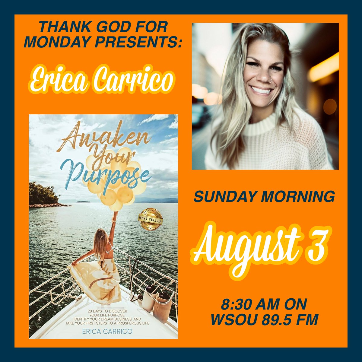This week, Erica Carrico - author of “Awaken Your Purpose” is joining TGFM to talk about her book. Listen live on wsou.net this Sunday! #tgfmwsou