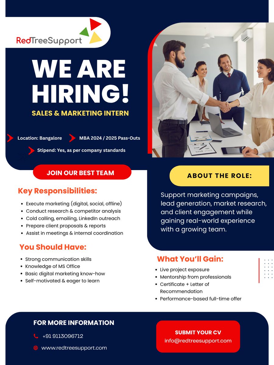redtreesup2024's tweet image. Kickstart Your Career in Sales &amp;amp; Marketing!
🌐 Join us now—visit our website! lnkd.in/gRiEgiWZ   #RedTreeSupport  #RTS #NowHiring #InternshipOpportunity #SalesInternship  #MBAInternship  #InternshipAlert #FreshersWelcome  
#BusinessInternship #MarketingJobs #SalesJobs