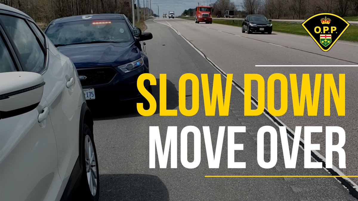 Since 1989, five #OPP officers have been killed by motorists that did not slow down or move over.

If you see flashing lights from a police vehicle, emergency responder or tow truck stopped at the side of the road:

- Slow down
- Move over (If safe and there’s more than one lane)