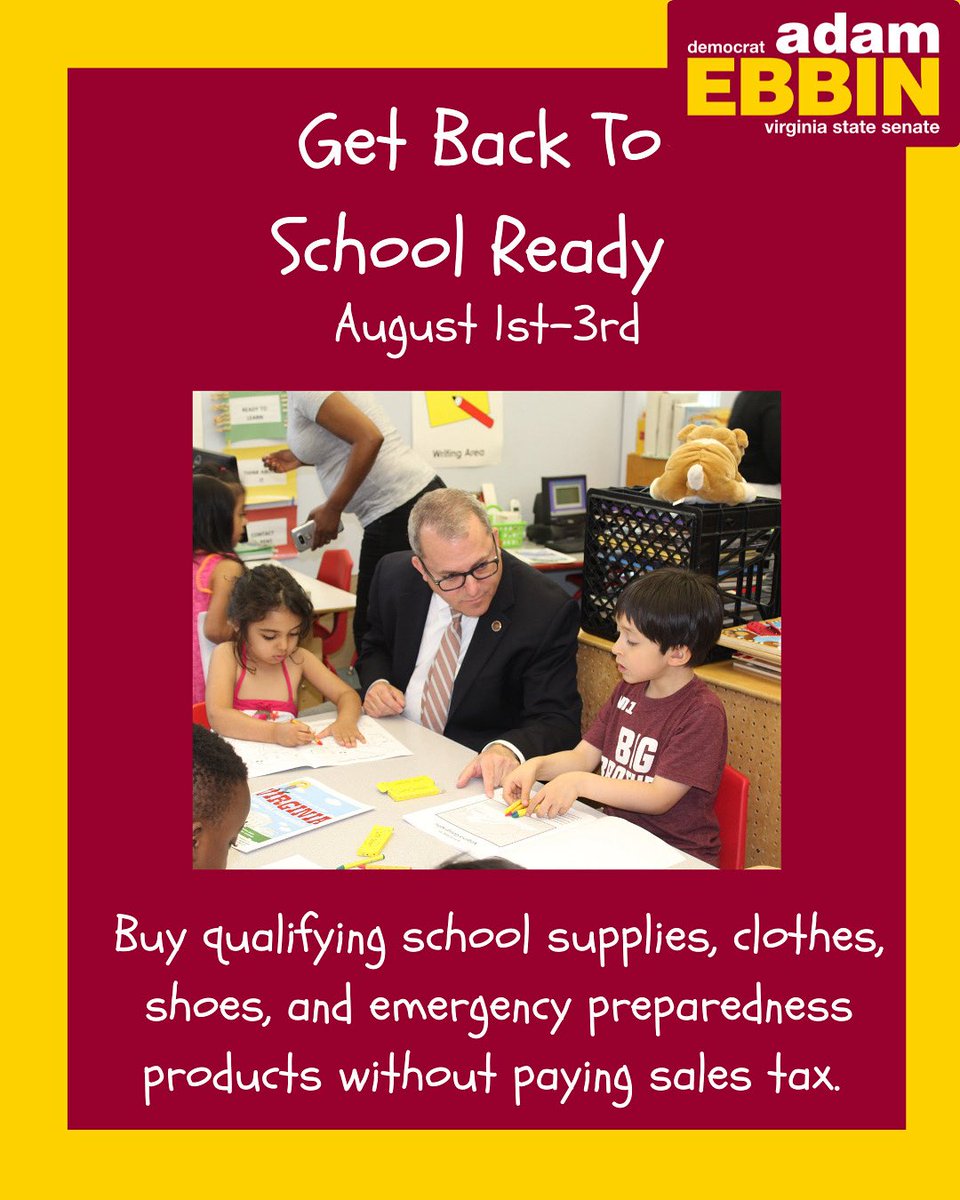 Virginia’s Sales Tax Holiday is this weekend, Friday, August 1st through Sunday, August 3rd. Buy qualifying school supplies, clothes, shoes, and emergency preparedness products without paying sales tax. For more information, visit tax.virginia.gov/virginia-sales…