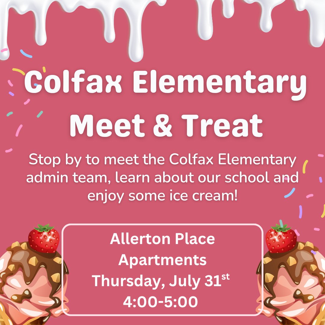 AllertonPlaceNC's tweet image. Colfax Elementary staff will be here today July 31st from 4-5pm for a Meet and Treat! They will be happy to answer any questions that you may have for the upcoming school year! So bring the kids and come enjoy some ice cream!

#schoolsinsession #meetandtreat #allertonplace