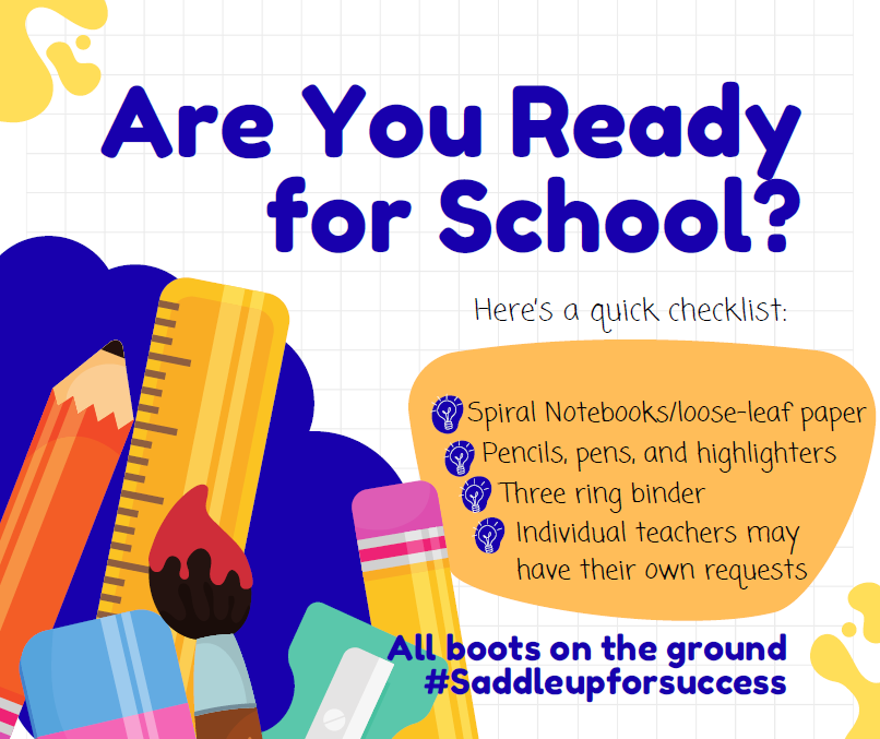 MiddleWestridge's tweet photo. Are you ready for school in less than 2 weeks? Here quick list of supplies for success in 2025-26. Also, the entire month of August is the Back to School Sales Tax Holiday, where you can save money throughout the month on school supplies!. #ocps #backtoschool #saddleupforsuccess https://t.co/WeJz6D6I0S