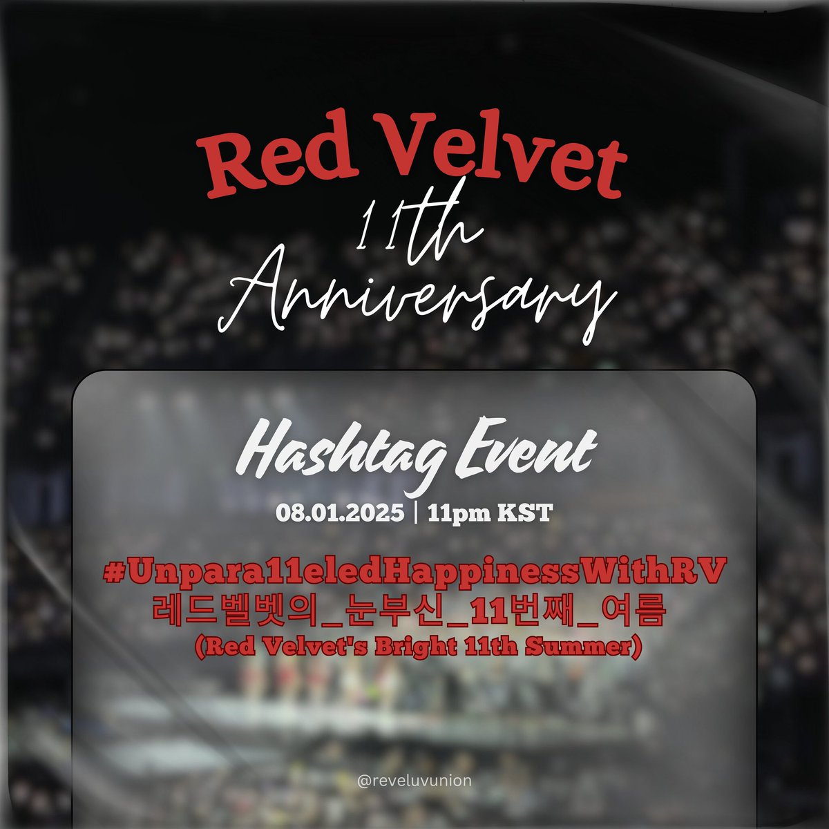 It's time to celebrate Red Velvet's 11th Anniversary! Join us in looking back to our 11 years with Red Velvet.
🩷💛🩵💚💜♾️

Use the tags:
#Unpara11eledHappinessWithRV
#레드벨벳의_눈부신_11번째_여름

<a href="/RVsmtown/">Red Velvet</a> #RedVelvet #레드벨벳