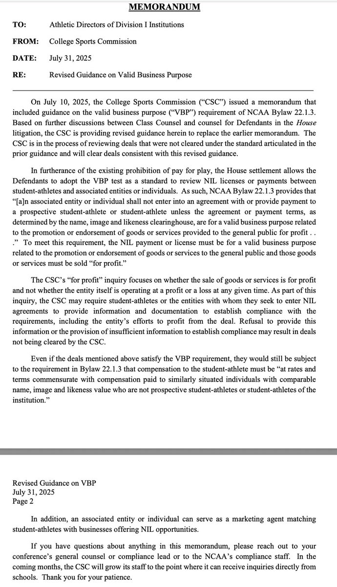 RossDellenger's tweet image. In a revised memo sent Thursday, the College Sports Commission clarified that NIL collectives can compensate athletes if transactions meet benchmarks, paving the way for collective operations to continue with limitations, as reported last week

Story - bit.ly/4lZdUjK