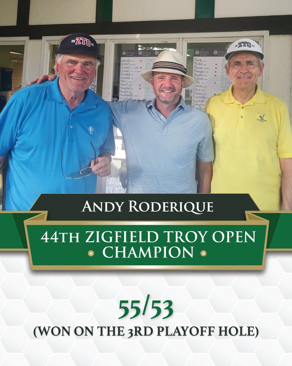 ZTroyGolf's tweet photo. Throwback Thursday to those who didn't know... Andy Roderique took home the title of 44th Zigfield Troy Open Champion! 🏆⛳ A well-earned win and a great weekend of golf. 

Huge thanks to every golfer who competed and every guest who came out to support! #TBT #ZTOChampion #Golf https://t.co/66rPqtDVPc