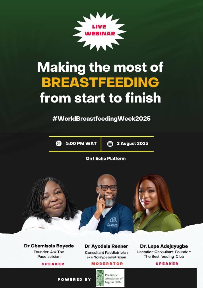 pan_ngr's tweet image. WORLD BREASTFEEDING WEEK 1-7 August 2025

Register and join the conversation on breastfeeding with the Noisy Naija Paediatrician and PAN Health Education committee on  Saturday the 2nd of August 2025 by 5pm

📌bit.ly/wbw_2025

#WorldBreastfeedingWeek2025
#WBW2025…