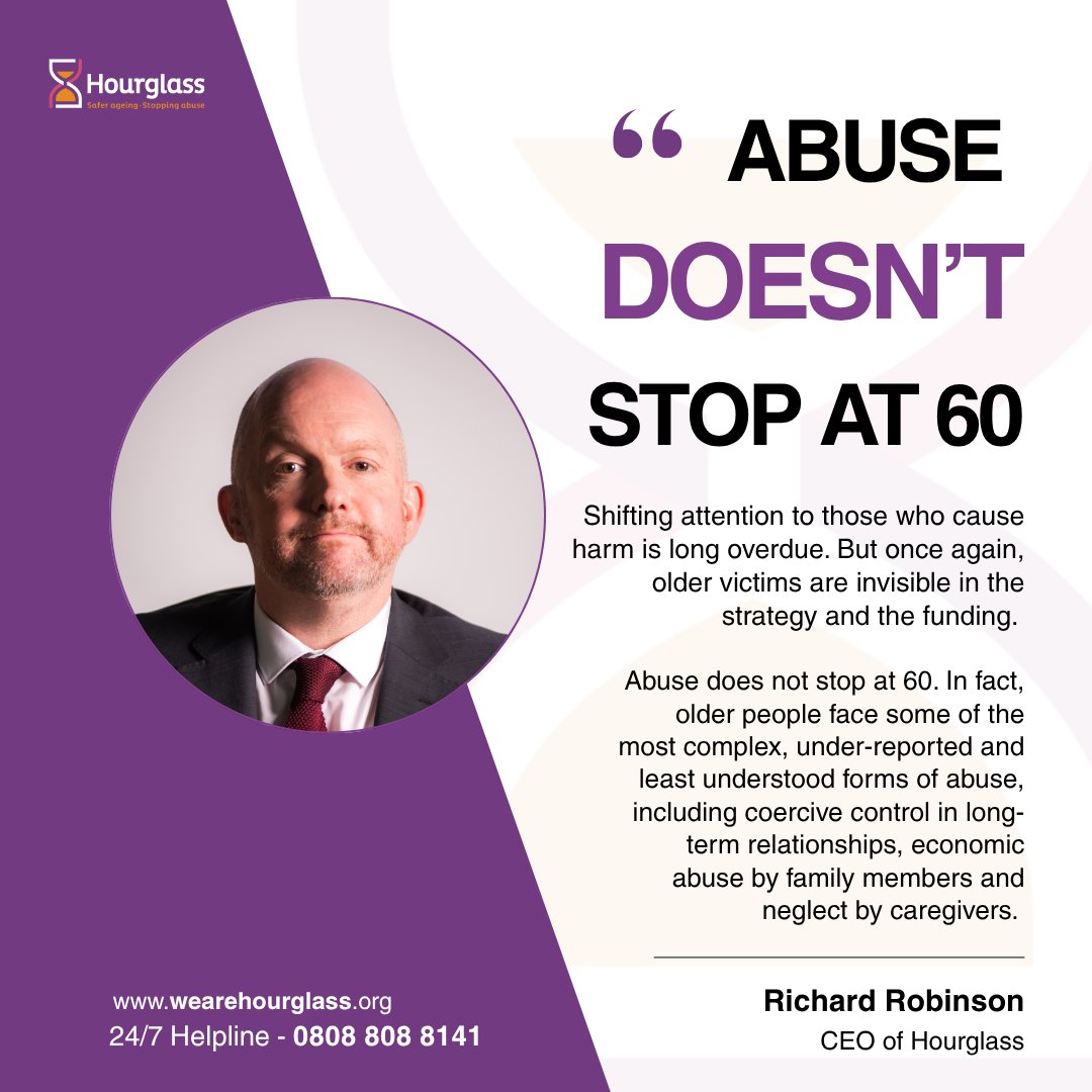 It’s time to confront the full reality of abuse at every age. Older victims deserve visibility, protection, and resources. Abuse doesn’t end at 60, and neither should our support.

#WeAreHourglass #SaferAgeing #UKGovernment

Read the full story: gov.uk/government/new…