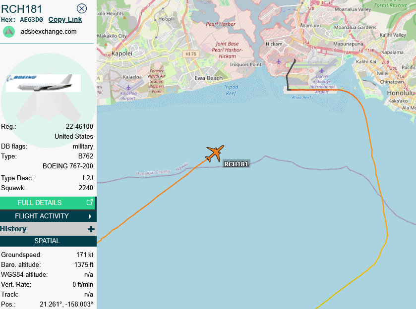 SirListenalot's tweet photo. ~0550z #KC46 #RCH181 rtb Honolulu (and #KC135 #AE014F #RCH650 did a round trip Andersen). Who cares? I do 😉 They took #VIEW24 / #FEUD24 to Honolulu.
#CoronetWest 527 https://t.co/S47US1TiwN