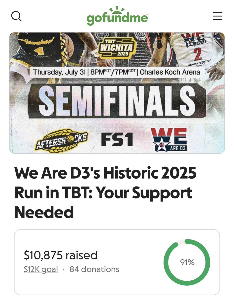 D3Direct (@d3direct) on Twitter photo Let’s get <a href="/WeAreD3TBT/">We Are D3 TBT</a> to their funding goal before tonight’s 8pm tip off
Donate here: gofund.me/d587bbec Let’s get <a href="/WeAreD3TBT/">We Are D3 TBT</a> to their funding goal before tonight’s 8pm tip off
Donate here: gofund.me/d587bbec
