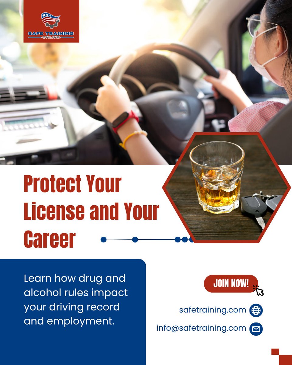 SAFETrainingOn1's tweet photo. Protect your driving career. Learn drug and alcohol rules that safeguard your license and employment.
#DriverSafety #DrugAndAlcoholClearinghouse #DOTCompliance #CDLTraining #DrivingCareer #WorkplaceSafety #LicenseProtection #TransportationSafety https://t.co/QQJqUTrppI
