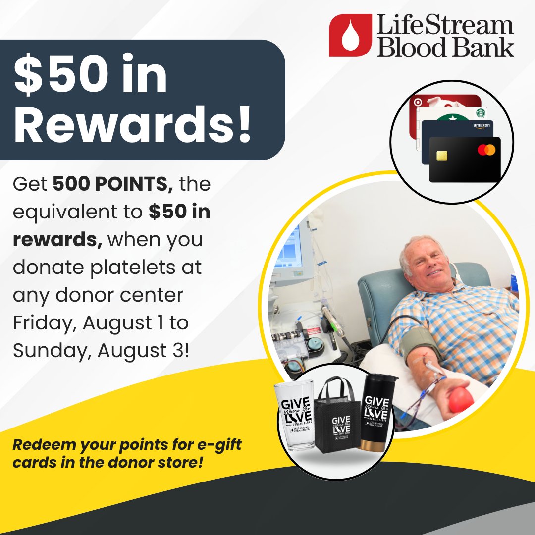💸 Earn $50 in Rewards for Saving Lives! 
Donate platelets at any LifeStream donor center Aug 1–3 and score 500 points, that is $50 in rewards! 🔥

Your donation = someone’s second chance.
📅 Book now at lstream.org. Summer is when you’re needed most!
#InlandEmpire