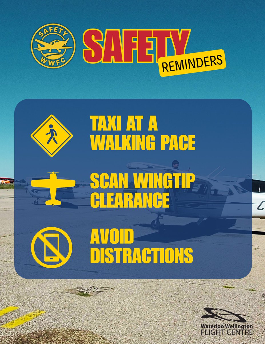 🛫 Flight Training Safety Tip!

Stay sharp on the ramp:
✅ Taxi at a walking pace
✅ Scan for wingtip clearance
✅ Stay focused—no distractions!

Because safety always comes first. 💪

#WWFC #FlightTraining #FlySafe #RampSafety