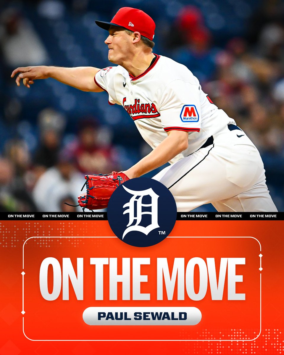 MLB's tweet image. Tigers reportedly acquire RHP Paul Sewald from Guardians, per multiple reports including MLB's @Feinsand.