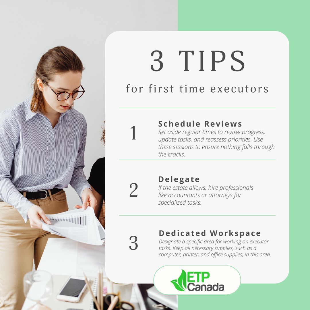 New to being an executor? Here are three essential tips to help you get started: Schedule regular reviews to stay on track, delegate tasks when possible, and set up a dedicated workspace. These simple steps can make a big difference in managing your responsibilities smoothly.