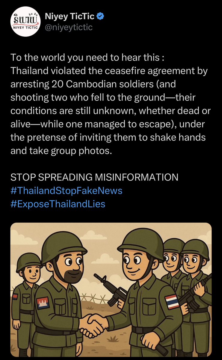 legionjustc's tweet photo. What’s even more devastating about this matter is the fact that the Cambodian solders are so inherently kind and good-natured that they couldn’t see past the cunning and sly nature of the Thai soldiers! 

STOP SPREADING MISINFORMATION 
#ThailandStopFakeNews 
#ExposeThailandLies https://t.co/YfYgRE73K3