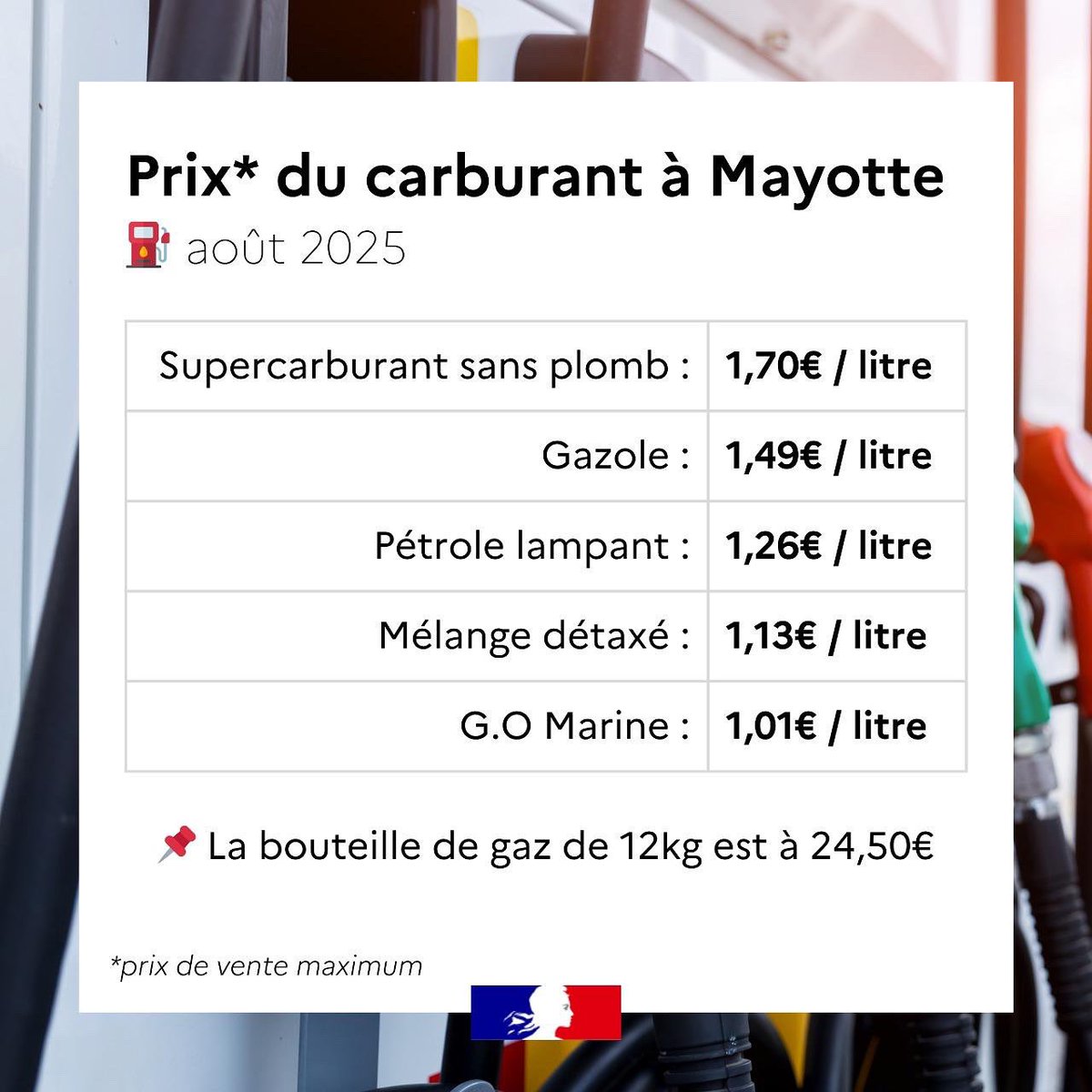 Image de Préfet de Mayotte - ⛽️ Carburants et gaz à #Mayotte | Prix de vente maximum en août 2025 :
📌Supercarburant sans plomb
