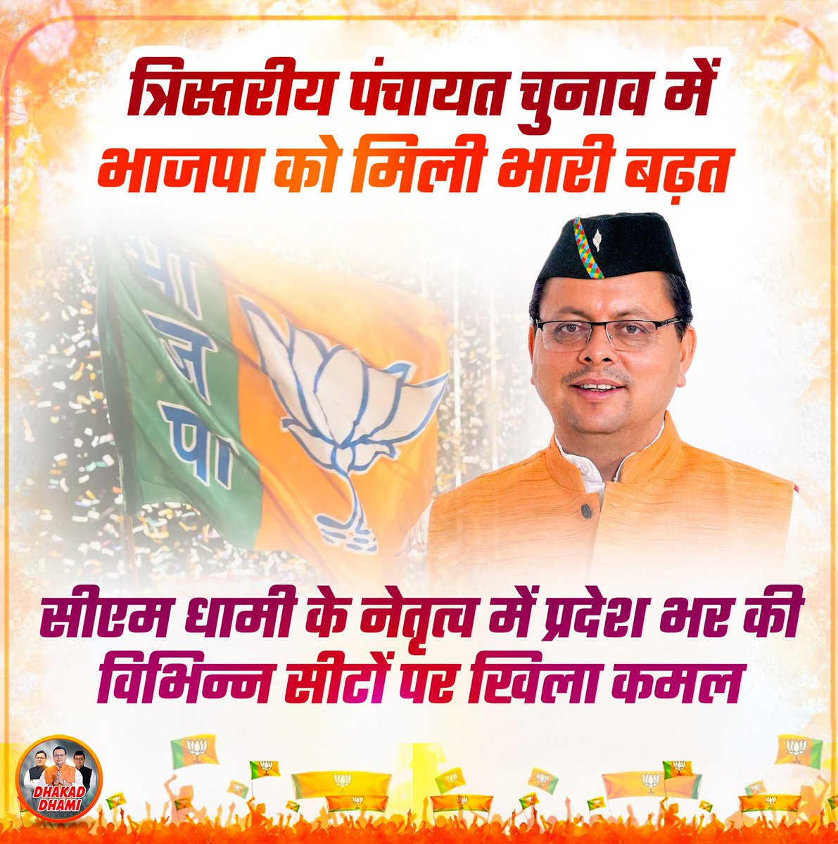 उत्तराखंड की लोकसभा और विधानसभा चुनावों में शानदार सफलता के बाद अब पंचायत चुनावों में भी भाजपा का परचम लहराया है। प्रदेश की विभिन्न पंचायतों में भाजपा के उम्मीदवार विजयी होते दिखाई दे रहे हैं। मुख्यमंत्री पुष्कर सिंह धामी के नेतृत्व में प्रदेश में लगातार भाजपा की पकड़ मजबूत हो
