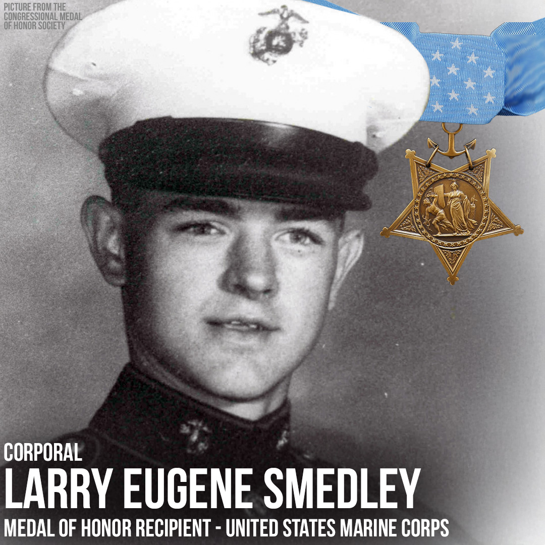 Corporal Smedley displayed extraordinary heroism on 20–21 December 1967 while leading a six-man squad near Happy Valley, Quang Nam Province. 

Upon spotting a large enemy force moving to attack Hill 41, he repositioned his squad and led an assault. Wounded by grenade and gunfire,