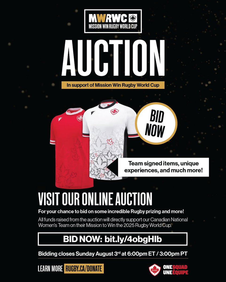 RugbyCanada's tweet photo. The Rugby Canada Auction is NOW LIVE! 🎉

All funds raised will support Canada's Women's Rugby Team on their Mission to Win the Rugby World Cup. 🇨🇦🏆

🗞️ Find more information here: https://t.co/pB0I8oP8yI

#RugbyCA | #OneSquad https://t.co/aWYWhsADTT