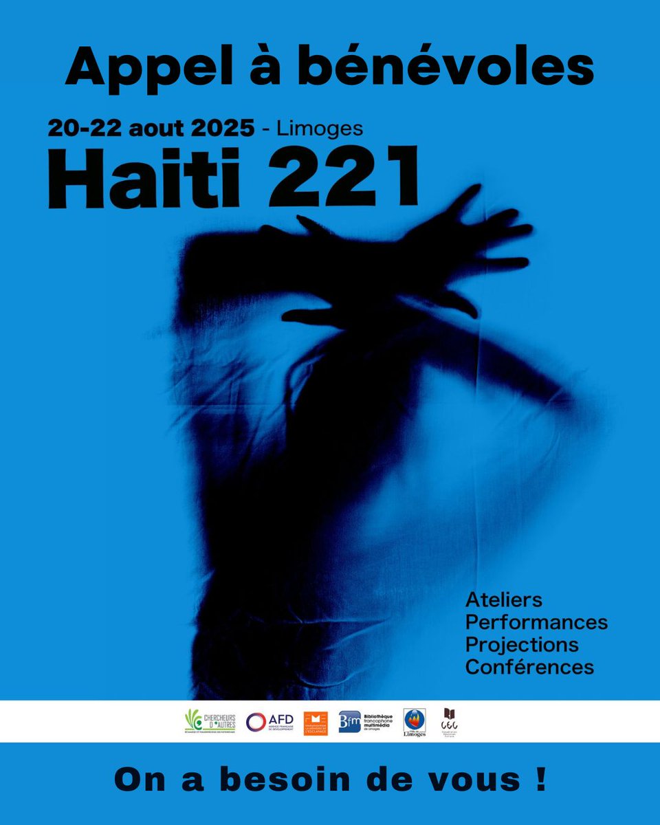 🇭🇹 HAÏTI 221 🇭🇹
📅 20-22 août - Limoges, BFM Centre-ville
🔥 3 jours de culture haïtienne

Nous avons besoin de VOUS 💪

📢 Soutien com - photographe - Accueil public - Logistique

Rencontre avec des artistes, coulisses première loges !

Contacte nous : 06 38 02 14 92

#haïti221