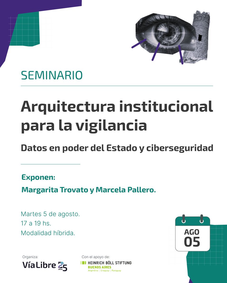 Invitamos a formar parte del SEMINARIO “Arquitectura institucional para la vigilancia: datos en poder del Estado y ciberseguridad". 

📚 Un recorrido y análisis riguroso del presente a través de las exposiciones de Margarita Trovato y Marcela Pallero.

✍️ cryptpad.fr/form/#/2/form/…