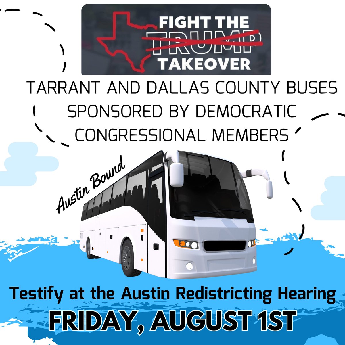 Want to testify against the gerrymander in Austin on Friday? Democratic Congressional members Marc Veasey and Jasmine Crockett are arranging buses from Dallas, Fort Worth, and Arlington. 

For those leaving from Dallas, see details and sign up here. 
bit.ly/CrockettTrip 

For