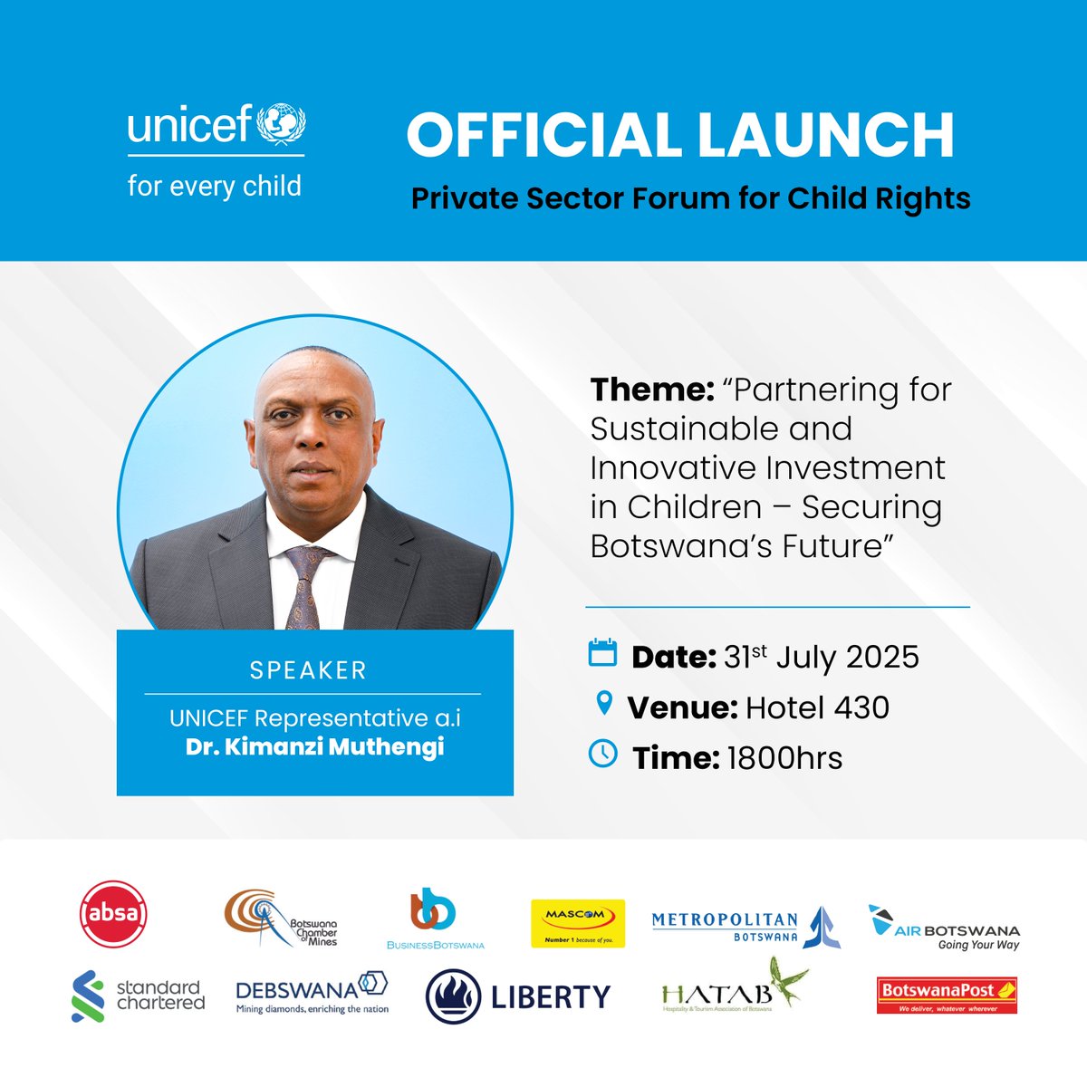 MEET THE HOST SPEAKER | Dr. Kimanzi Muthengi, Acting UNICEF Rep, Botswana
Dr. Muthengi welcomes all to the #BusinessForChildren Forum, and calls for responsible business, family-friendly policies &amp; investment in children. 
Together, we can build a child-focused economy.