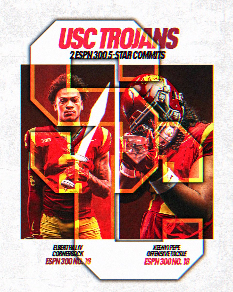 Billy Tucker (@theucreport) on Twitter photo USC holds the No. 1 ranked recruiting class in the country led by 5-stars Elbert Hill IV and Keenyi Pepe ✌️ <a href="/Rockk114/">Elbert Hill</a> <a href="/PKeenyi/">Pepe.Keenyi</a>
The Trojans currently have 18 prospects in the ESPN 300 committed as part of their class 🤯
espn.com/college-sports… USC holds the No. 1 ranked recruiting class in the country led by 5-stars Elbert Hill IV and Keenyi Pepe ✌️ <a href="/Rockk114/">Elbert Hill</a> <a href="/PKeenyi/">Pepe.Keenyi</a>
The Trojans currently have 18 prospects in the ESPN 300 committed as part of their class 🤯
espn.com/college-sports…