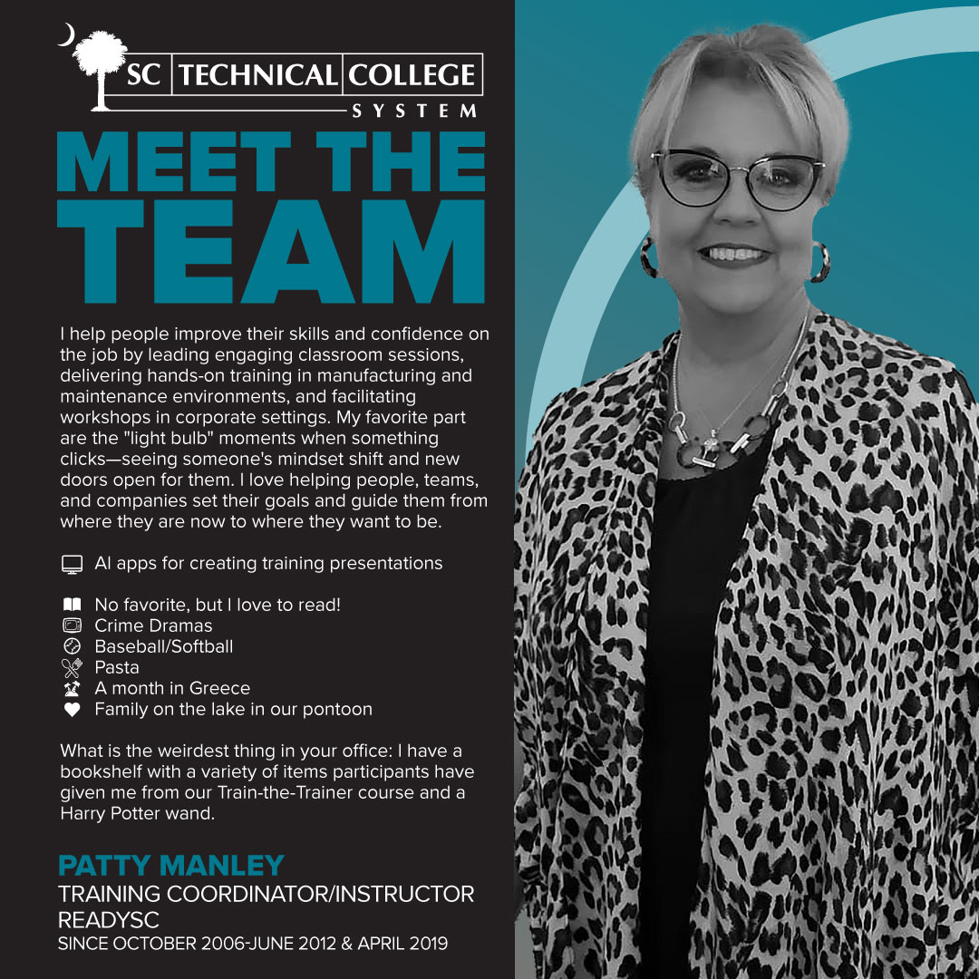 It’s our people who set us apart. Meet the talented team ensuring affordable, accessible, and relevant career and technical education for all South Carolinians!

Presenting readySC Training Coordinator and Instructor, Patty Manley.

#MeetTheTeam