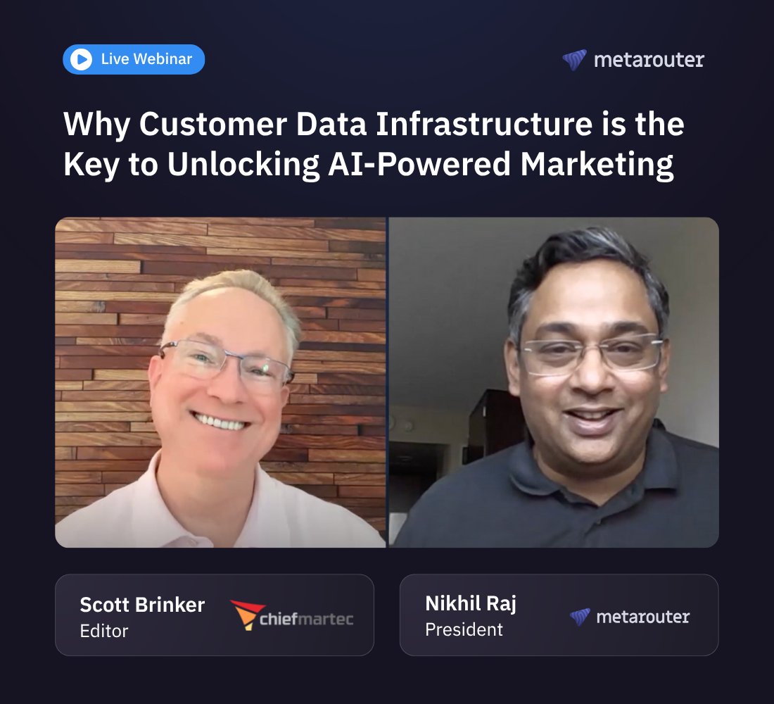 MetaRouter's tweet image. THANK YOU to everyone that joined us for a live discussion yesterday between industry experts Scott Brinker and our very own president, Nikhil Raj. 

🔗 Full webinar: hubs.li/Q03zL4_10

#datainfrastructure #customerdata #ai #marketing #serverside #webinar