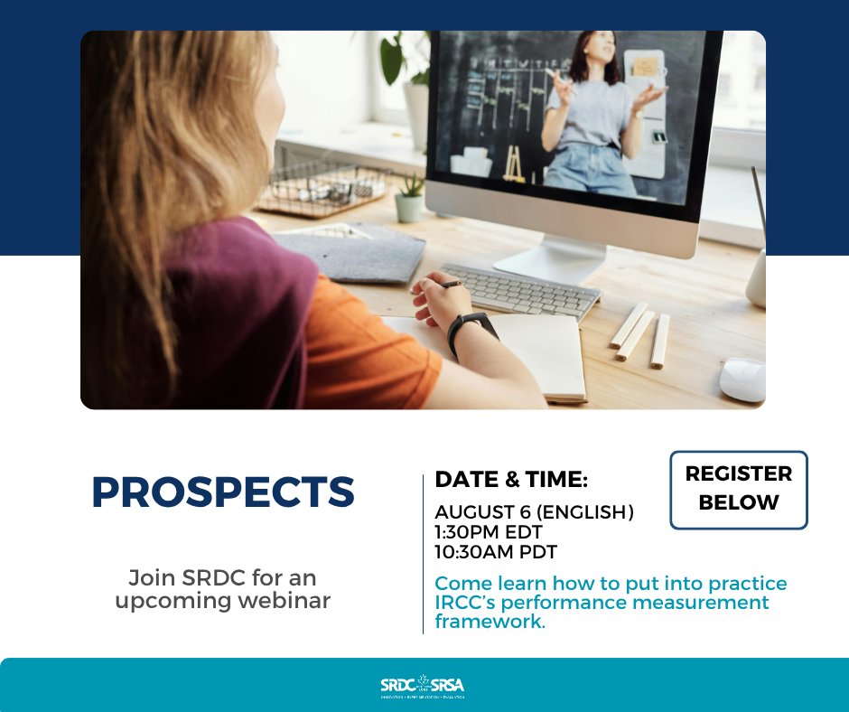 SRDC is hosting a PROSPECTS virtual webinar tailored for practitioners and organizations in the settlement sector to strengthen their evaluation and research capacity.

Wednesday, August 6 (English) 
1:30pm EDT / 10:30am PDT
hubs.la/Q03zLGxz0