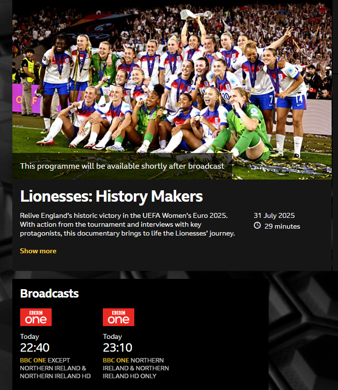 Women in Football (@womeninfootball) on Twitter photo Tonight on BBC One and iPlayer, don’t miss ‘Lionesses: History Makers’ – celebrating England’s unforgettable journey to defend their <a href="/WEURO2025/">UEFA Women's EURO 2025</a> crown 👑
This special broadcast dives deep into the emotion, grit and glory of a team that captivated a nation 🔥⚽️ Tonight on BBC One and iPlayer, don’t miss ‘Lionesses: History Makers’ – celebrating England’s unforgettable journey to defend their <a href="/WEURO2025/">UEFA Women's EURO 2025</a> crown 👑
This special broadcast dives deep into the emotion, grit and glory of a team that captivated a nation 🔥⚽️