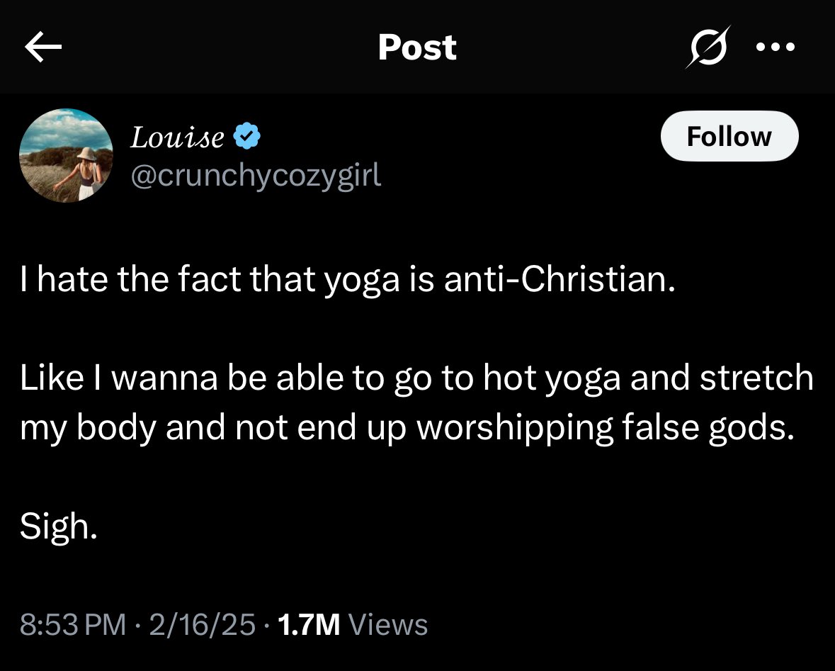 This summarizes so much. The idea that yoga is  inherently, implicitly “anti-Christian.” Not that’s yoga’s source isn’t Christian. She claims that yoga is *ANTI* Christian. This stems from her own framework  - that you’re either Christian or what you’re practicing is against