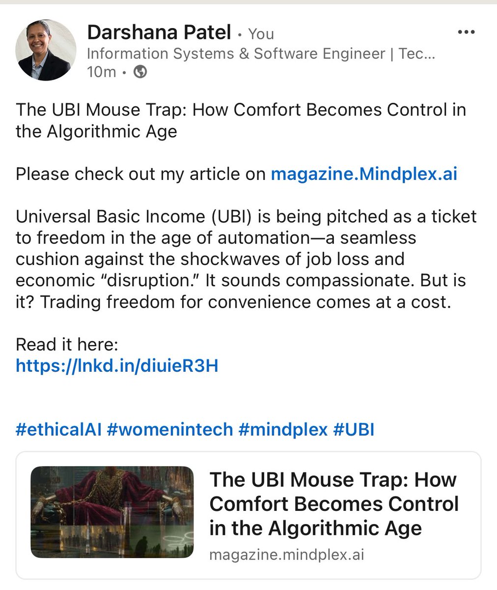 darshana_patel's tweet image. The UBI Mouse Trap: How Comfort Becomes Control in the Algorithmic Age

magazine.mindplex.ai/post/the-ubi-m…

#AI #artificalintelligence #UBI #WomenInTech