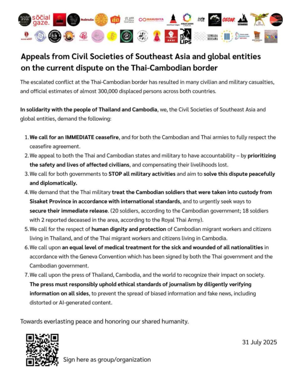 PravitR's tweet image. 44 civic groups in Thailand on Juky 31 issued a call for both Thailand and Cambodia to adhere to international norms amidst continued tensions between #Thailand and #Cambodia despite the ceasefire agreement. Statement in English, Khmer, and Thai. #ThailandCambodia #ไทยกับกัมพูชา