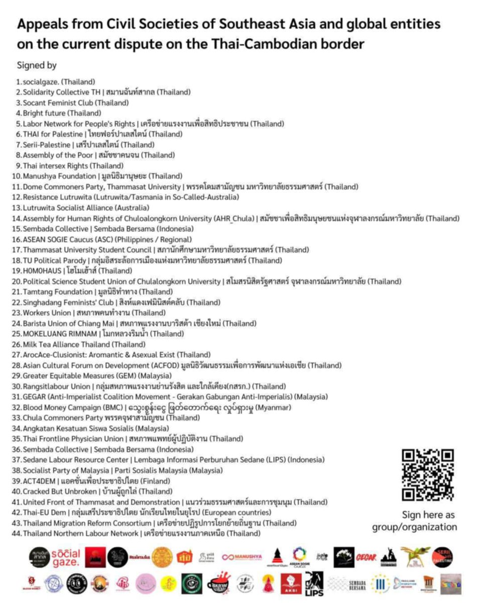 PravitR's tweet image. 44 civic groups in Thailand on Juky 31 issued a call for both Thailand and Cambodia to adhere to international norms amidst continued tensions between #Thailand and #Cambodia despite the ceasefire agreement. Statement in English, Khmer, and Thai. #ThailandCambodia #ไทยกับกัมพูชา