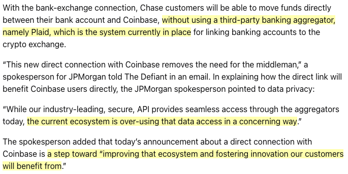 Nice catch by <a href="/DefiantNews/">The Defiant</a> on the JPMorgan-Coinbase partnership.

JPM cutting out Plaid for direct bank-to-Coinbase rails isn’t innovation - it’s defense. 

Fintechs and crypto #zkTLS are pushing the envelope. JPM is being dragged into the future, not leading it.