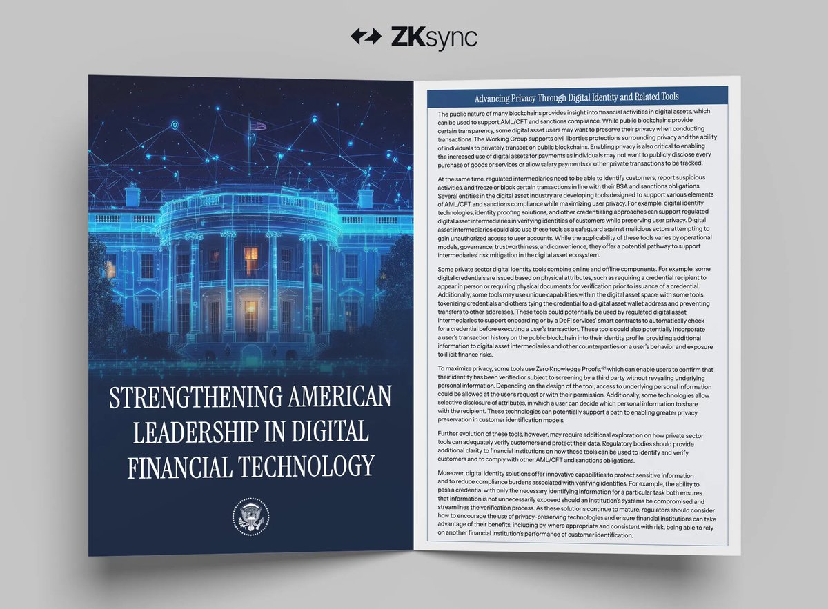 ZKsync (∎, ∆) (@zksync) on Twitter photo The <a href="/WhiteHouse/">The White House</a> report names ZK Proofs as critical infrastructure for digital ID and payments.
ZKsync has pioneered the field—from QuarkID, world's first ZK identity used by a government, to Prividium, the only institutional blockchain platform with privacy & interoperability. The <a href="/WhiteHouse/">The White House</a> report names ZK Proofs as critical infrastructure for digital ID and payments.
ZKsync has pioneered the field—from QuarkID, world's first ZK identity used by a government, to Prividium, the only institutional blockchain platform with privacy & interoperability.
