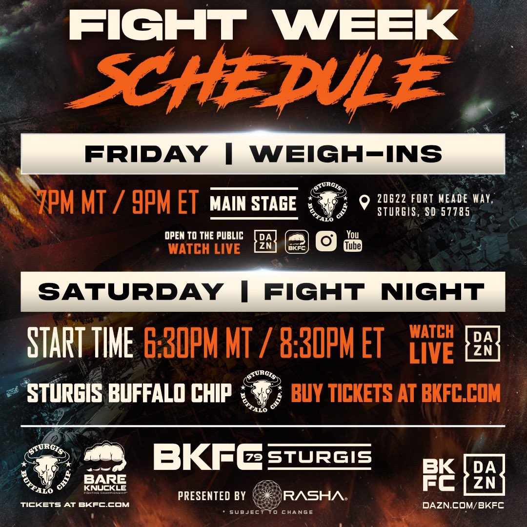 LET’S GO STURGIS! Here’s your lineup and fight week schedule for BKFC 79 

#BKFC79 | Saturday | Only on DAZN
