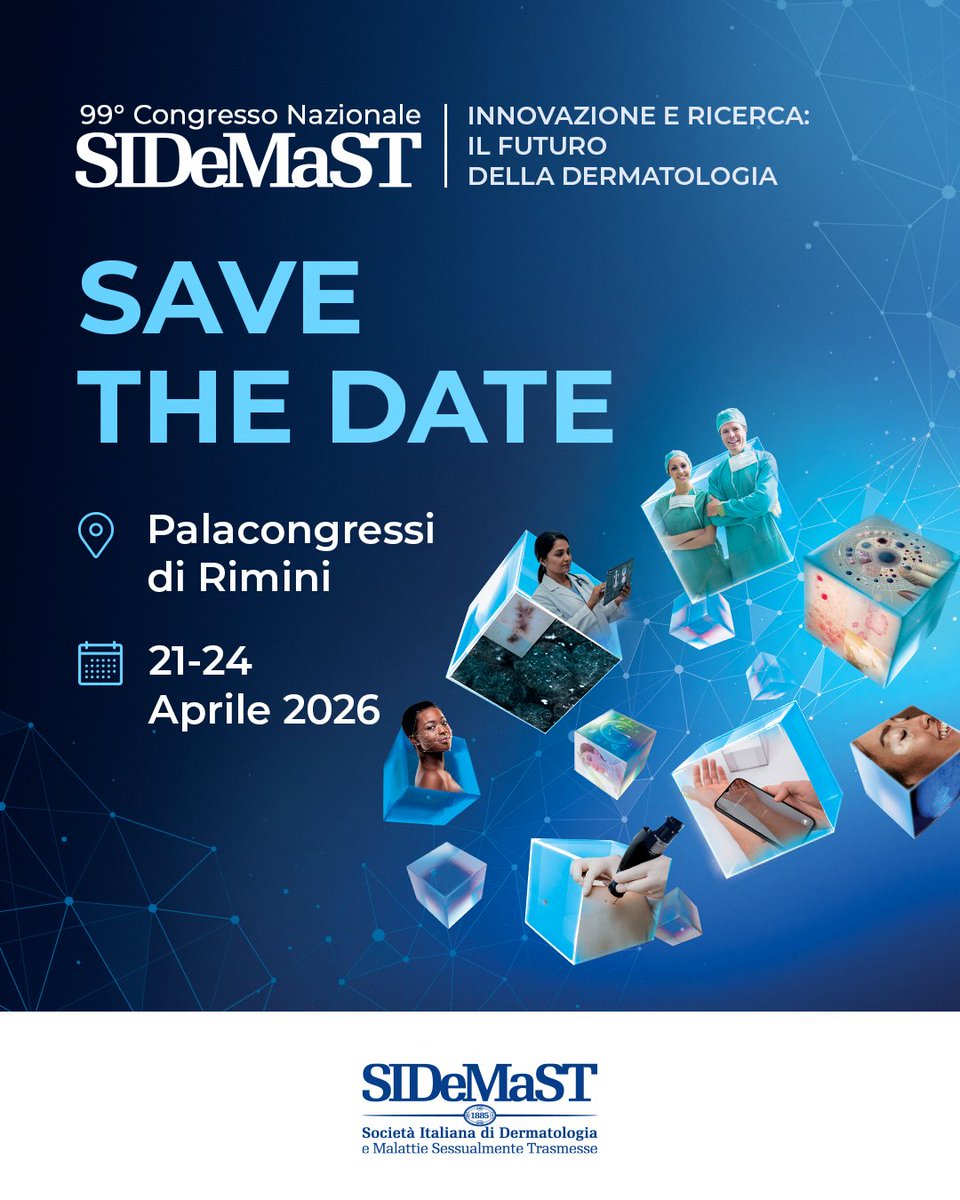 🗓️Dal 21 al 24 aprile 2026, il Congresso Nazionale SIDeMaST al Palacongressi di Rimini!

Tema: “Innovazione e Ricerca: il Futuro della Dermatologia”

🔍 Focus su AI, telemedicina, diagnosi precoce e terapie personalizzate.

📣 Save the Date!

#SIDeMaST2026 #dermatologia #ricerca